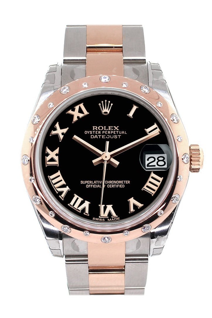 Rolex Datejust 31 Black Roman Dial Diamond Bezel 18K Rose Gold Two Tone Ladies Watch 178341