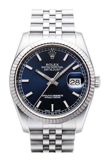 Rolex Datejust 36 Blue Dial 18k White Gold Fluted Bezel Stainless Steel Jubilee Watch 116234