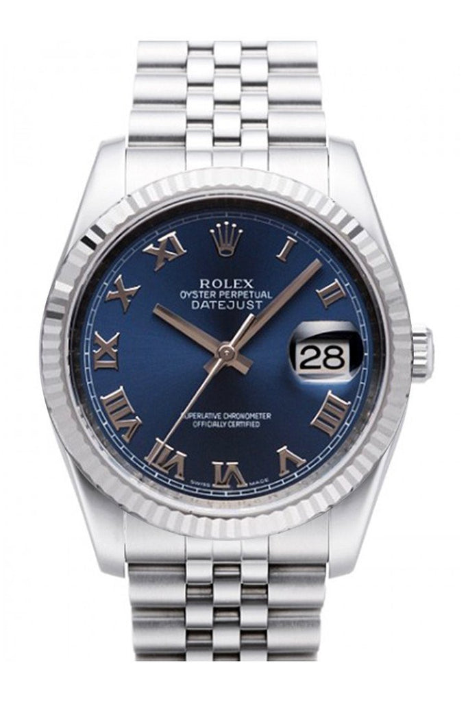 Rolex Datejust 36 Blue Roman Dial 18k White Gold Fluted Bezel Stainless Steel Jubilee Watch 116234