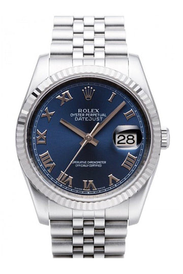 Rolex Datejust 36 Blue Roman Dial 18k White Gold Fluted Bezel Stainless Steel Jubilee Watch 116234