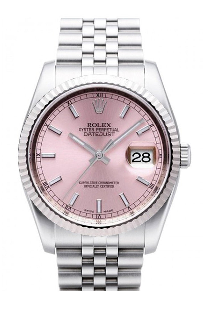 Rolex Datejust 36 Pink Dial 18k White Gold Fluted Bezel Stainless Steel Jubilee Watch 116234