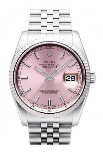 Rolex Datejust 36 Pink Dial 18k White Gold Fluted Bezel Stainless Steel Jubilee Watch 116234