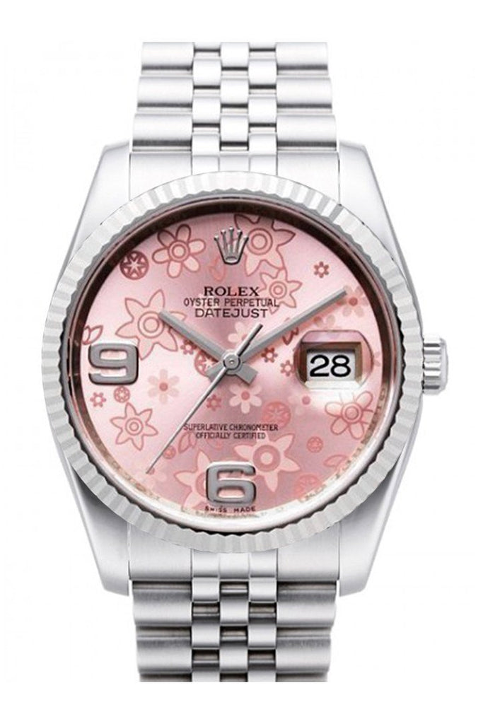 Rolex Datejust 36 Pink Floral Dial 18k White Gold Fluted Bezel Stainless Steel Jubilee Watch 116234