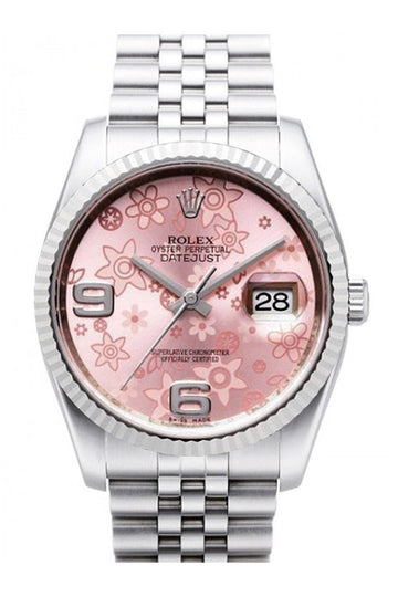 Rolex Datejust 36 Pink Floral Dial 18k White Gold Fluted Bezel Stainless Steel Jubilee Watch 116234