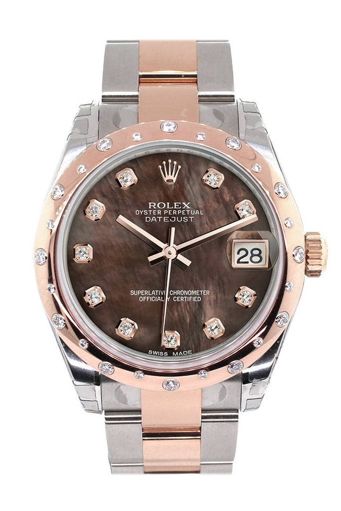 Rolex Datejust 31 Black Mother of Pearl Diamond Dial Diamond Bezel 18K Rose Gold Two Tone Ladies Watch 178341