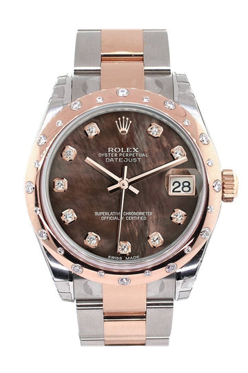 Rolex Datejust 31 Black Mother of Pearl Diamond Dial Diamond Bezel 18K Rose Gold Two Tone Ladies Watch 178341