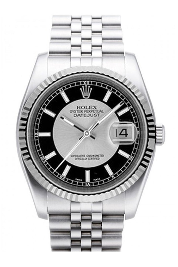 Rolex Datejust 36 Silver Black Dial 18k White Gold Fluted Bezel Stainless Steel Jubilee Watch 116234