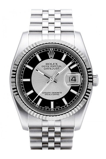 Rolex Datejust 36 Silver Black Dial 18k White Gold Fluted Bezel Stainless Steel Jubilee Watch 116234