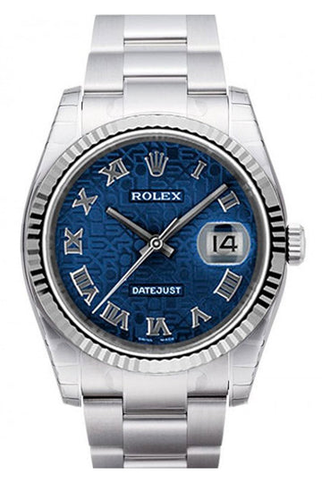 Rolex Datejust 36 Blue Jubilee Roman Dial 18k White Gold Fluted Bezel Stainless Steel Oyster Watch 116234