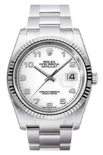 Rolex Datejust 36 White Dial 18k White Gold Fluted Bezel Stainless Steel Watch 116234