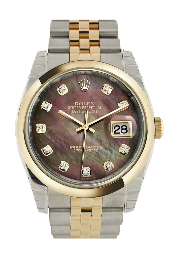 Rolex Datejust 36 Black mother-of-pearl Diamond Dial 18k Gold Two Tone Jubilee Watch 116203