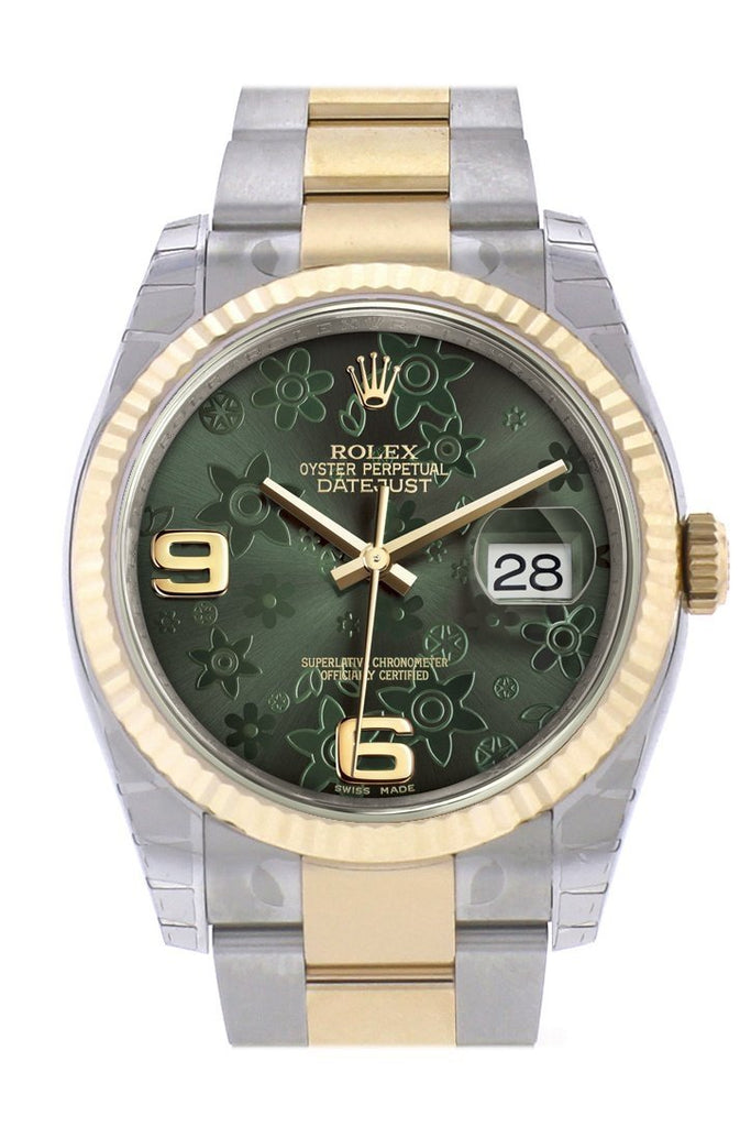 Rolex Datejust 36 Green floral motif Dial Fluted 18K Gold Two Tone Oyster Watch 116233