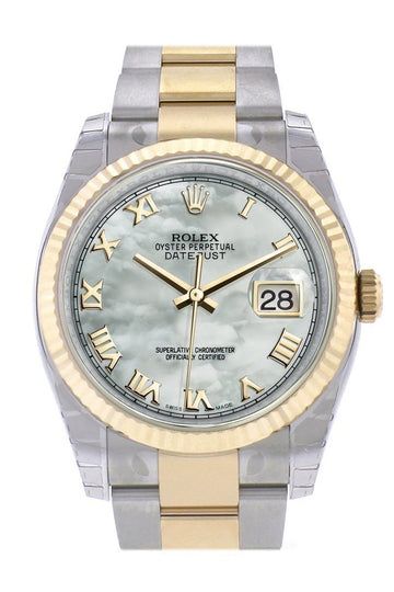Rolex Datejust 36 White mother-of-pearl Roman Dial Fluted 18K Gold Two Tone Oyster Watch 116233