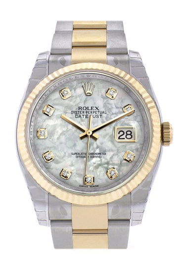 Rolex Datejust 36 White mother-of-pearl Diamond Dial Fluted 18K Gold Two Tone Oyster Watch 116233