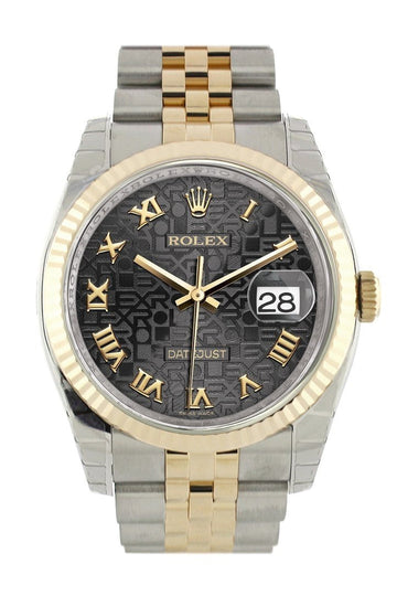 Rolex Datejust 36 Black Jubilee Roman Dial Fluted 18K Gold Two Tone Jubilee Watch 116233