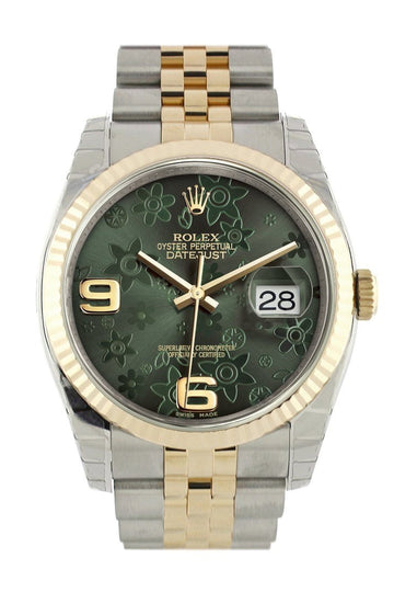 Rolex Datejust 36 Green floral motif Dial Fluted 18K Gold Two Tone Jubilee Watch 116233
