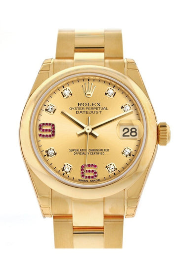 Rolex Datejust 31 Champagne Diamonds Rubies Dial 18K Yellow Gold Ladies Watch 178248