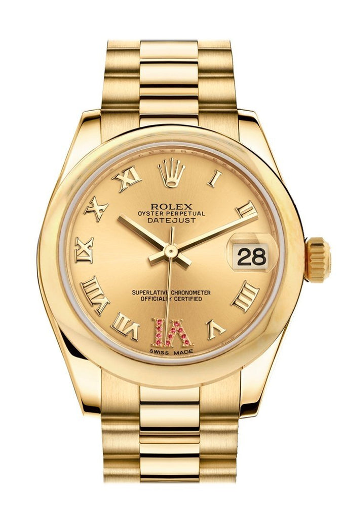 Rolex Datejust 31 Champagne Large VI Rubies Dial 18K Yellow Gold President Ladies Watch 178248