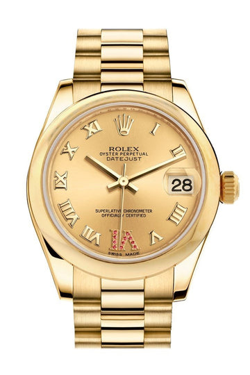 Rolex Datejust 31 Champagne Large VI Rubies Dial 18K Yellow Gold President Ladies Watch 178248