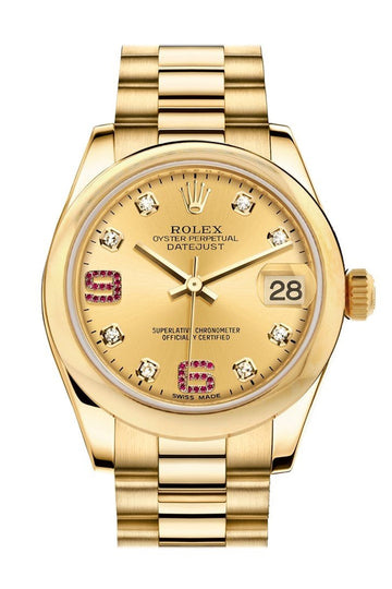 Rolex Datejust 31 Champagne Diamonds Rubies Dial 18K Yellow Gold President Ladies Watch 178248