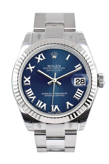 Rolex Datejust 31 Blue Roman Dial White Gold Fluted Bezel Ladies Watch 178274