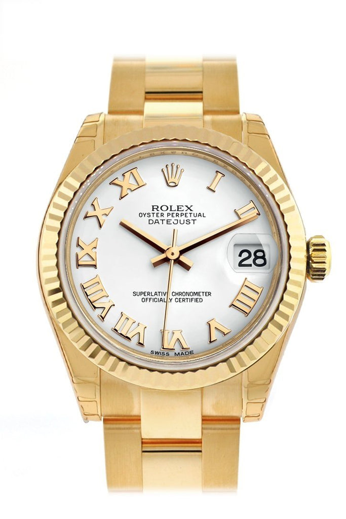 Rolex Datejust 31 White Roman Dial Fluted Bezel 18K Yellow Gold Ladies Watch 178278
