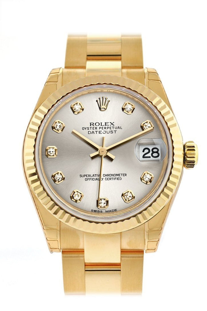 Rolex Datejust 31 Silver Diamond Dial Fluted Bezel 18K Yellow Gold Ladies Watch 178278