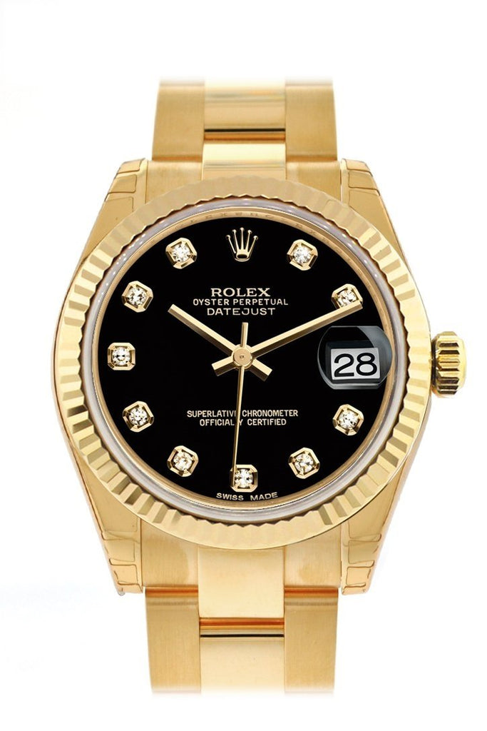Rolex Datejust 31 Black Diamond Dial Fluted Bezel 18K Yellow Gold Ladies Watch 178278