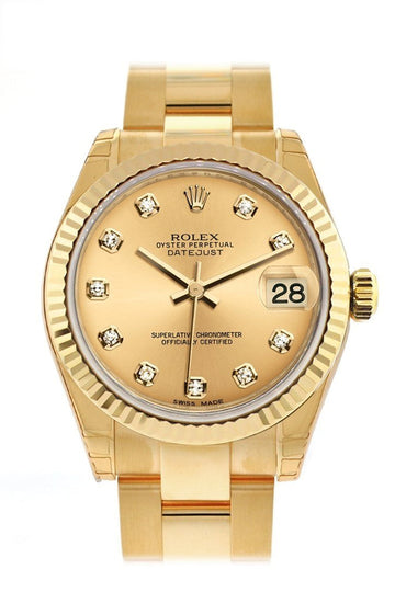 Rolex Datejust 31 Champagne Diamond Dial Fluted Bezel 18K Yellow Gold Ladies Watch 178278
