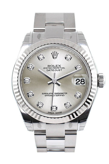 Rolex Datejust 31 Silver Set Diamonds Dial White Gold Fluted Bezel Ladies Watch 178274