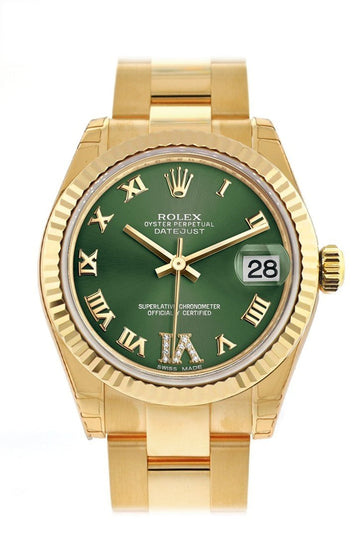 Rolex Datejust 31 Olive Green VI Diamonds Dial Fluted Bezel 18K Yellow Gold Ladies Watch 178278