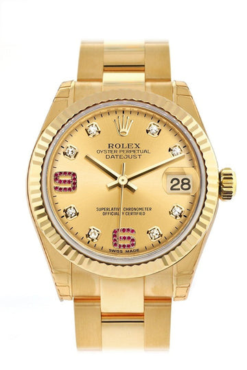 Rolex Datejust 31 Champagne Diamonds Rubies Dial Fluted Bezel 18K Yellow Gold Ladies Watch 178278
