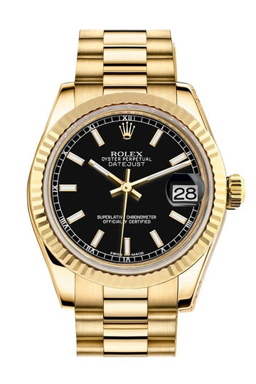 Rolex Datejust 31 Black Dial Fluted Bezel 18K Yellow Gold President Ladies Watch 178278