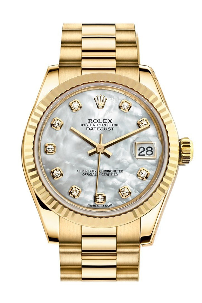 Rolex Datejust 31 White Mother of Pearl Dia Dial Fluted Bezel 18K Yellow Gold President Ladies Watch 178278
