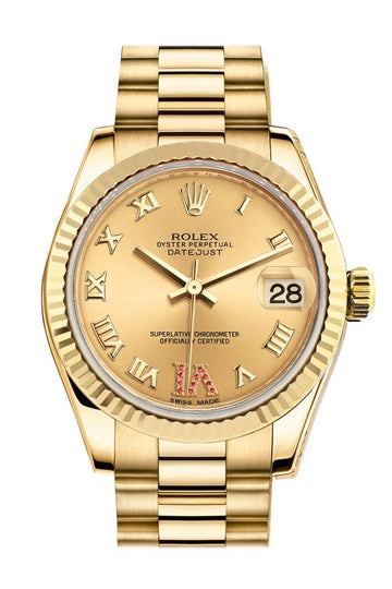 Rolex Datejust 31 Champagne Large VI Rubies Dial Fluted Bezel 18K Yellow Gold President Ladies Watch 178278