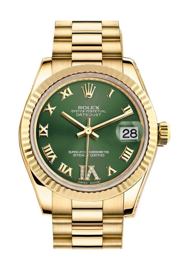 Rolex Datejust 31 Olive Green VI Diamonds Dial Fluted Bezel 18K Yellow Gold President Ladies Watch 178278