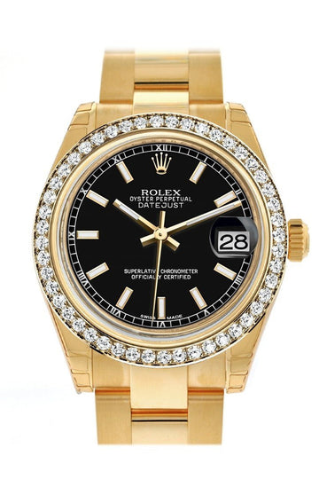 Rolex Datejust 31 Black Dial  Diamond Bezel 18K Yellow Gold Ladies Watch 178288