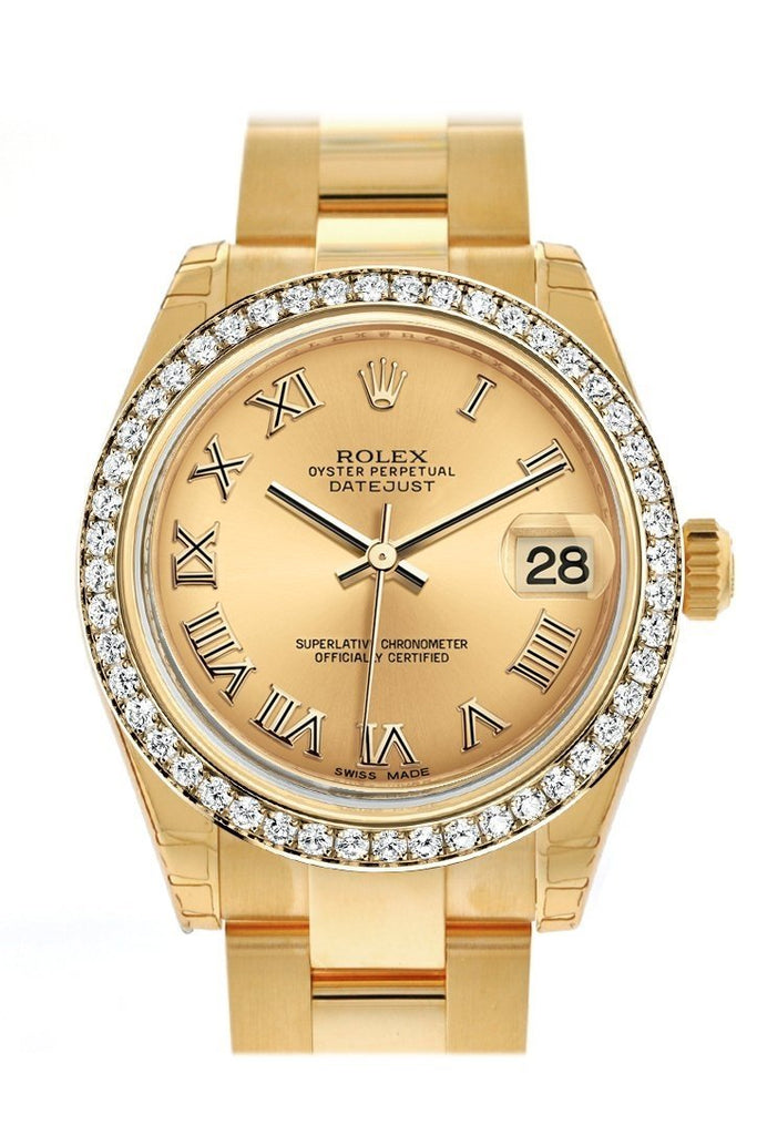 Rolex Datejust 31 Champagne Roman Dial Diamond Bezel 18K Yellow Gold Ladies Watch 178288
