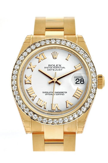 Rolex Datejust 31 White Roman Dial Diamond Bezel 18K Yellow Gold Ladies Watch 178288