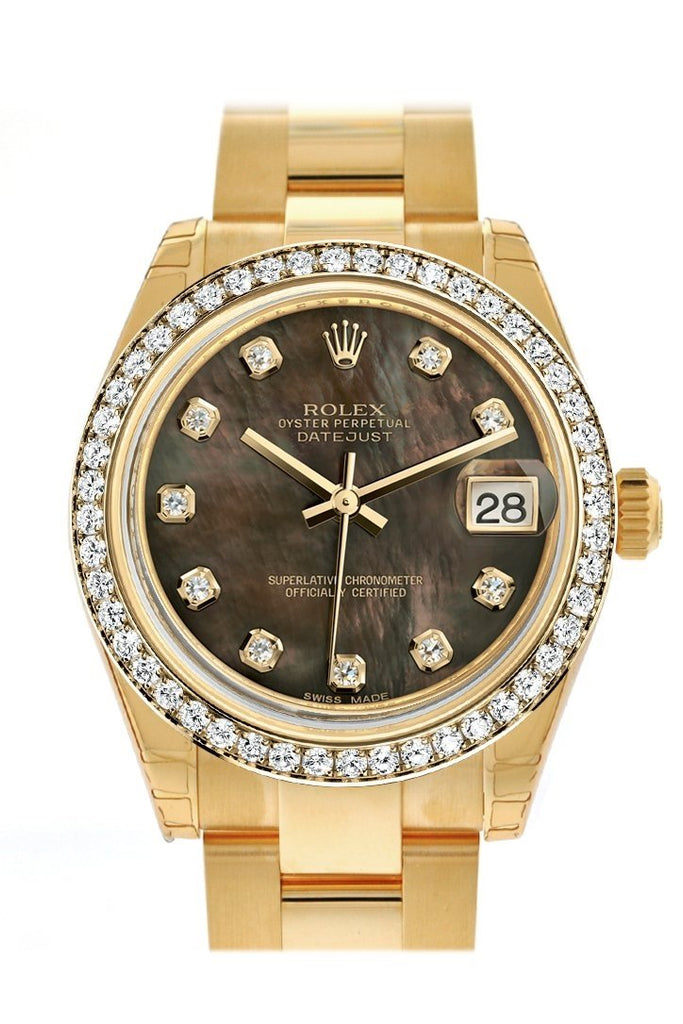 Rolex Datejust 31 Black Mother of Pearl Diamond Dial Diamond Bezel 18K Yellow Gold Ladies Watch 178288