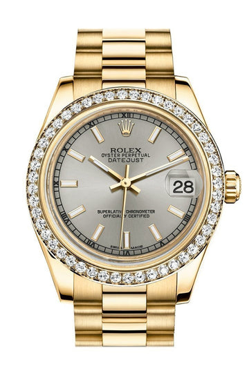 Rolex Datejust 31 Silver Dial Diamond Bezel 18K Yellow Gold President Ladies Watch 178288