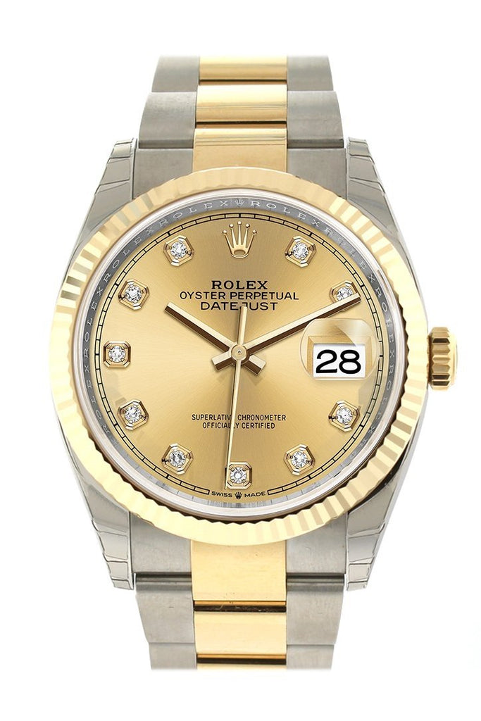 Rolex Datejust 36 Champagne-colour set with diamonds Dial Fluted Bezel Oyster Yellow Gold Two Tone Watch 126233 NP