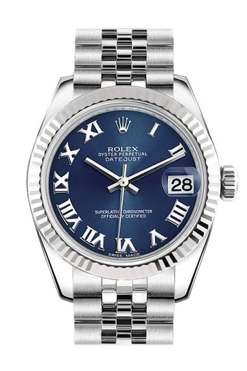 Rolex Datejust 31 Blue Roman Dial White Gold Fluted Bezel Jubilee Ladies Watch 178274
