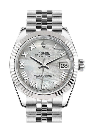 Rolex Datejust 31 White Mother of Pearl Roman Dial White Gold Fluted Bezel Jubilee Ladies Watch 178274