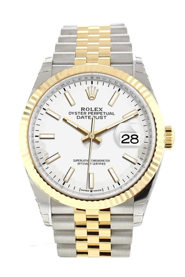 Rolex Datejust 36 White Dial Fluted Bezel Jubilee Yellow Gold Two Tone Watch 126233 NP