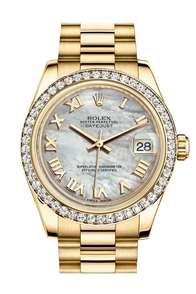 Rolex Datejust 31 White Mother of Pearl Roman Dial Diamond Bezel 18K Yellow Gold President Ladies Watch 178288