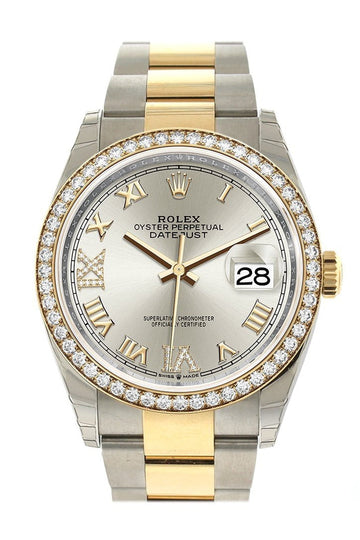 Rolex Datejust 36 Silver set with diamonds Dial Diamond Bezel Oyster Yellow Gold Two Tone Watch 126283RBR 126283 NP