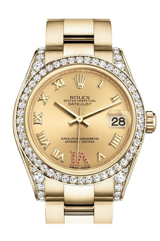 Rolex Datejust 31 Champagne Large VI Rubies Dial Diamond Bezel Lug 18K Yellow Gold Ladies Watch 178158