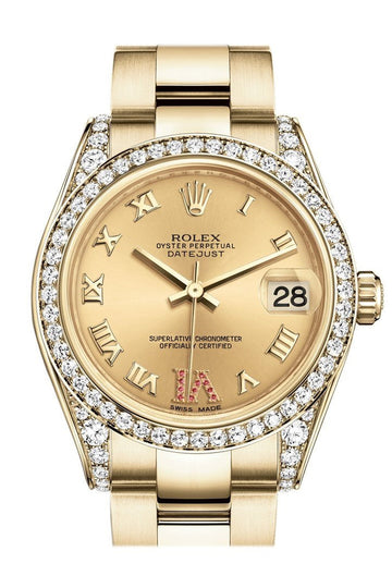 Rolex Datejust 31 Champagne Large VI Rubies Dial Diamond Bezel Lug 18K Yellow Gold Ladies Watch 178158