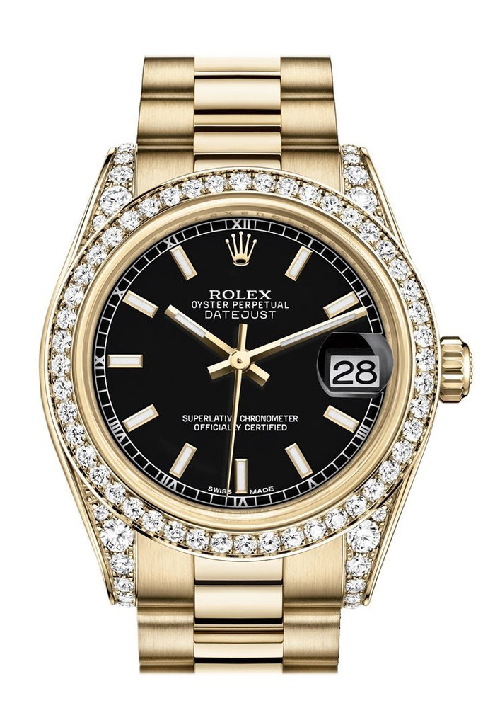 Rolex Datejust 31 Black Dial Diamond Bezel Lug 18K Yellow Gold President Ladies Watch 178158